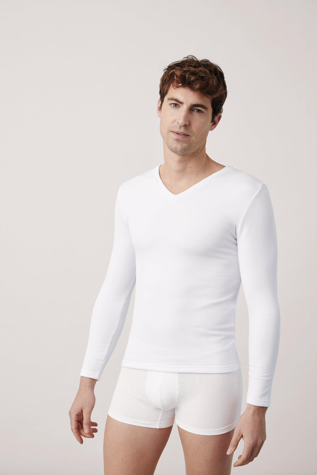 Camiseta interior térmica cuello pico manga larga blanco