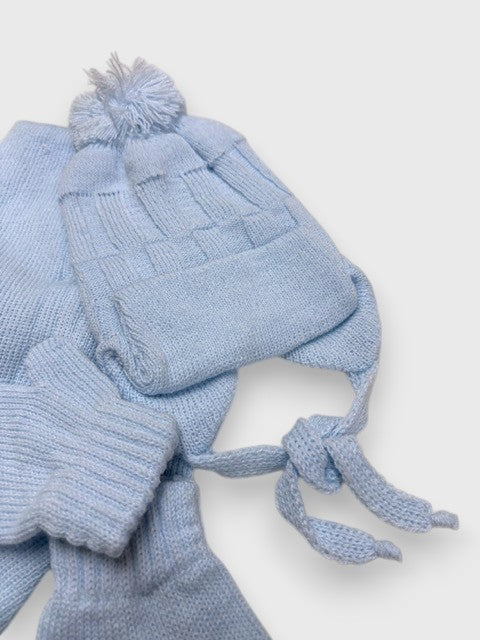 Conjunto de gorro, bufanda y manoplas Orejas Celeste